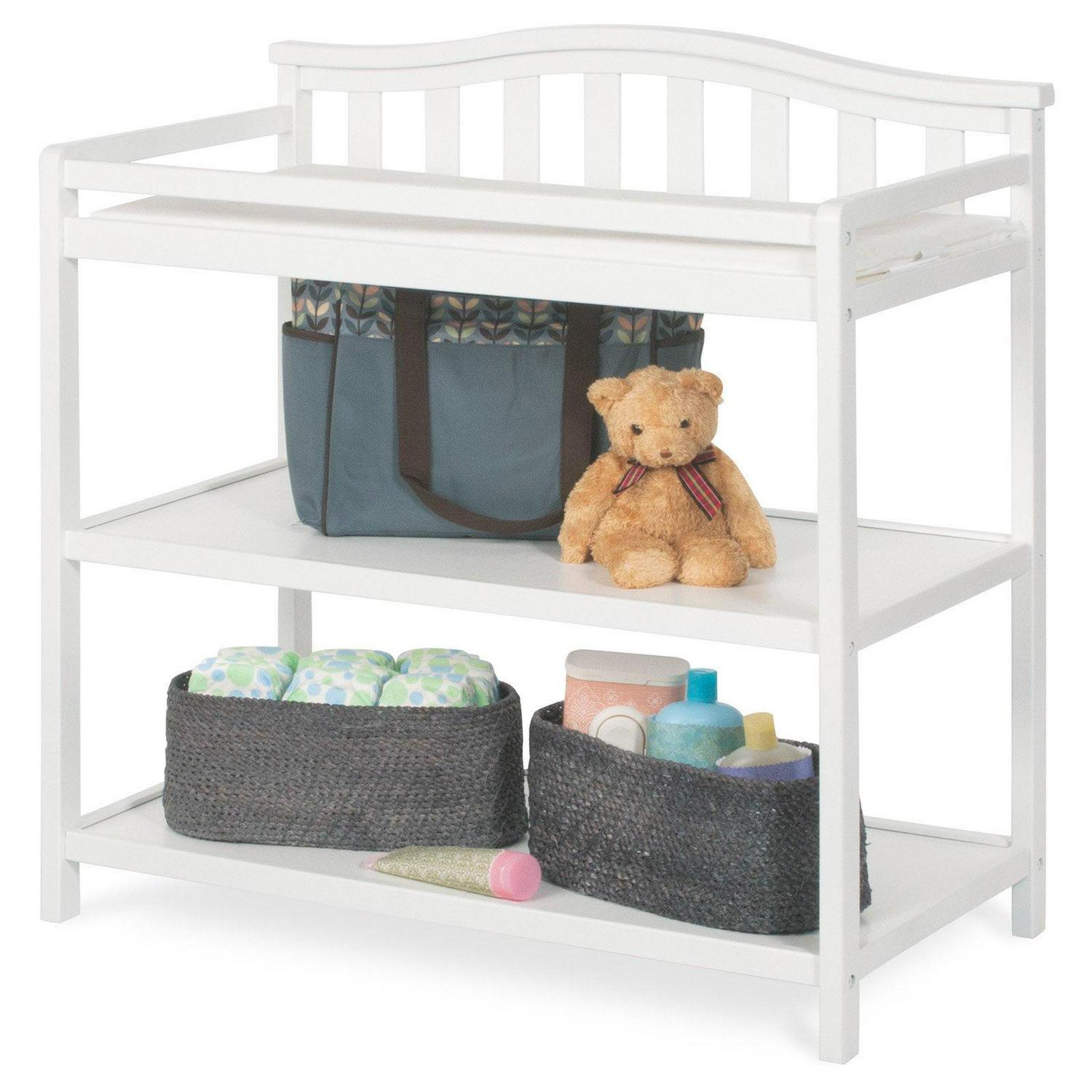 Child Craft Arch Top Changing Table with Pad & Safety Strap, 2 Storage Shelves, Anti-Tip Kit, Matte White