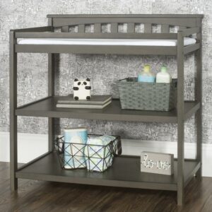 Child Craft Flat Top Changing Table with Pad & Strap, 2 Storage Shelves, Anti-Tip Kit, Dapper Gray