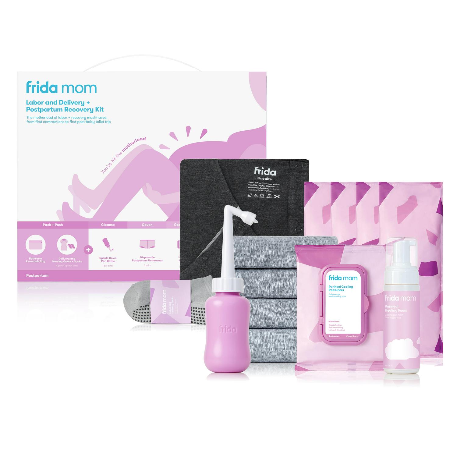 Frida Mom Labor, Delivery, and Postpartum Care Recovery Kit with Peri Bottle and Disposable Underwear for Women, 7 Count Gift Set
