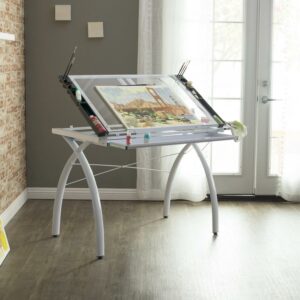 Studio Designs Metal Drafting Table with Folding Top Shelf, White