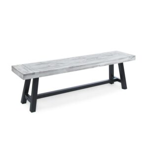 Ty Outdoor Acacia Wood Dining Bench With Frame, Sandblast Light Grey, Black Rustic Metal