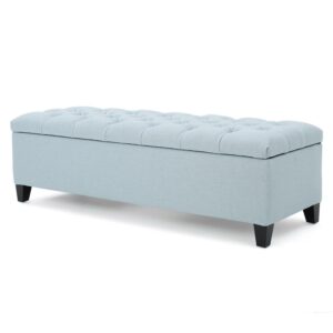 Noble House Paskal Contemporary Button-Tufted Fabric Storage Ottoman Bench, Light Sky and Dark Brown