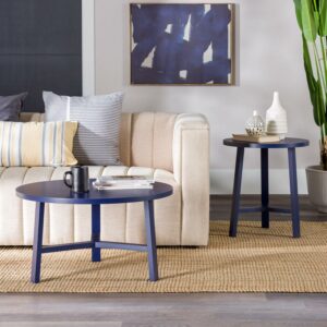 Walker Edison Mid-Century Modern Simple 3-Leg Round Coffee and Side Table, Set of 2, Blue