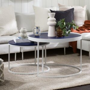 Walker Edison Modern Round Nesting Coffee Tables, Set of 2, White/Blue