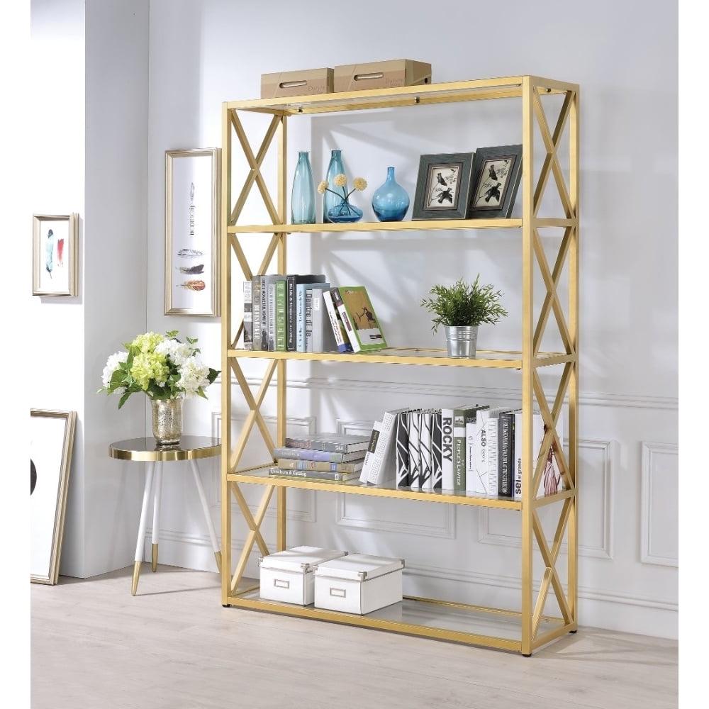 Acme Milavera Metal Etagere Bookcase with 5 Glass Shelves in Clear and Gold - Image 2