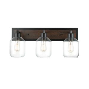 Globe Electric Williamsburg 3-Light Matte Black and Faux Wood Vanity Light with Clear Glass Shades, 51708