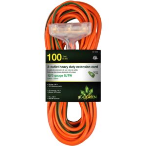 GoGreen Power (GG-15200) 12/3 100’ SJTW 3-Outlet Heavy Duty Extension Cord, Lighted End, 100 Ft