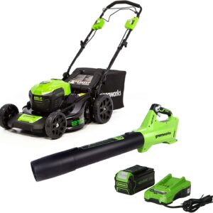 Greenworks 40V 21" SP Mower + Axial Brushless Blower, USB 5.0Ah Battery and Charger Included 1306402AZ