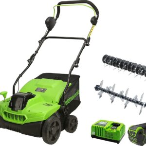 Greenworks Dethatcher/Scarifier 14” Battery Powered Self-Propelled Walk-Behind Mower, Cordless