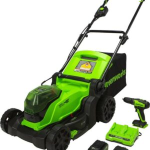 Greenworks 48V 17" Brushless Cordless Lawn Mower + 24V Brushless Drill / Driver, (2) 4.0Ah USB Batteries (USB Hub) and Dual Port Rapid Charger Included (2 x 24V)