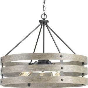 Progress Lighting Gulliver 5-Light Pendant, Steel, Graphite, Open Design, Galvanized with Antique White Accents, Wood Grained Texture