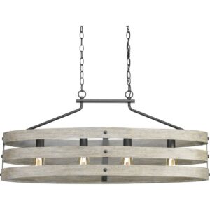 Progress Lighting Gulliver 4-Light Linear Chandelier, Graphite, Open Design, Galvanized with Antique White Accents, Wood Grained Texture