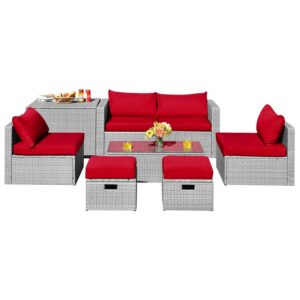 Gymax Fashion 8PCS Rattan Patio Space-Saving Furniture Set w/ Waterproof Cover & Red Cushions