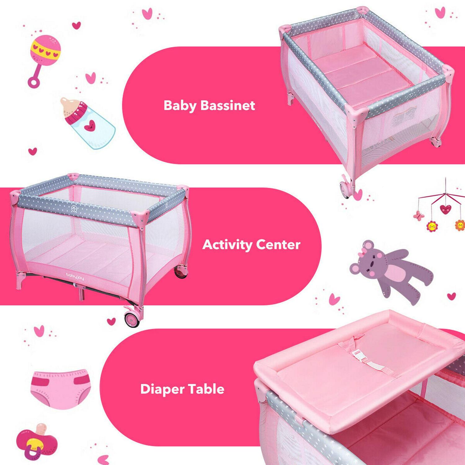 Gymax Portable Foldable Playpen Baby Playard Nursery Center with Changing Station, Pink, Unisex - Image 9