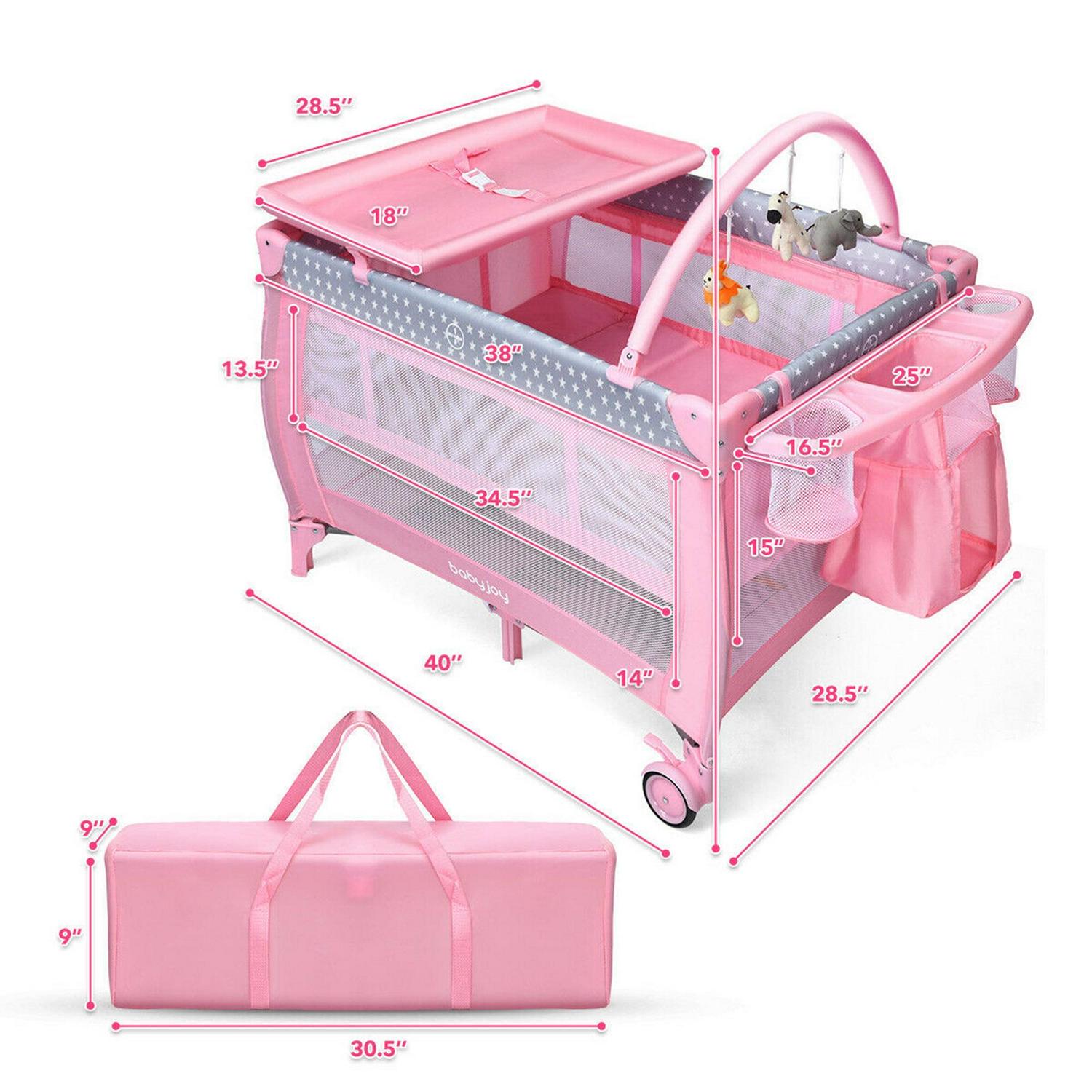 Gymax Portable Foldable Playpen Baby Playard Nursery Center with Changing Station, Pink, Unisex - Image 2