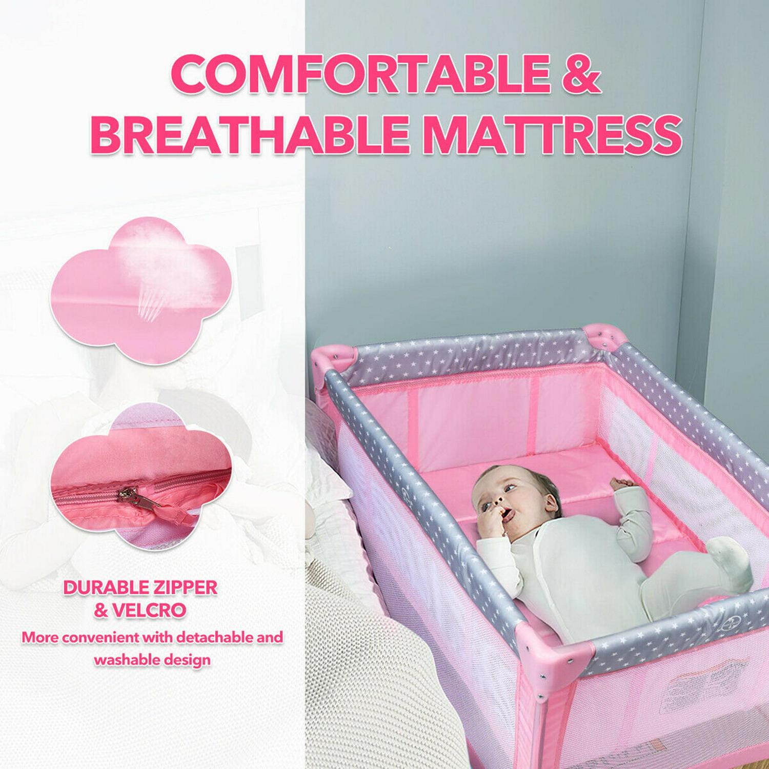 Gymax Portable Foldable Playpen Baby Playard Nursery Center with Changing Station, Pink, Unisex - Image 6