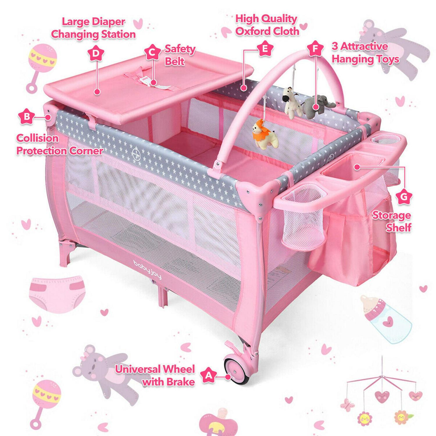Gymax Portable Foldable Playpen Baby Playard Nursery Center with Changing Station, Pink, Unisex - Image 7