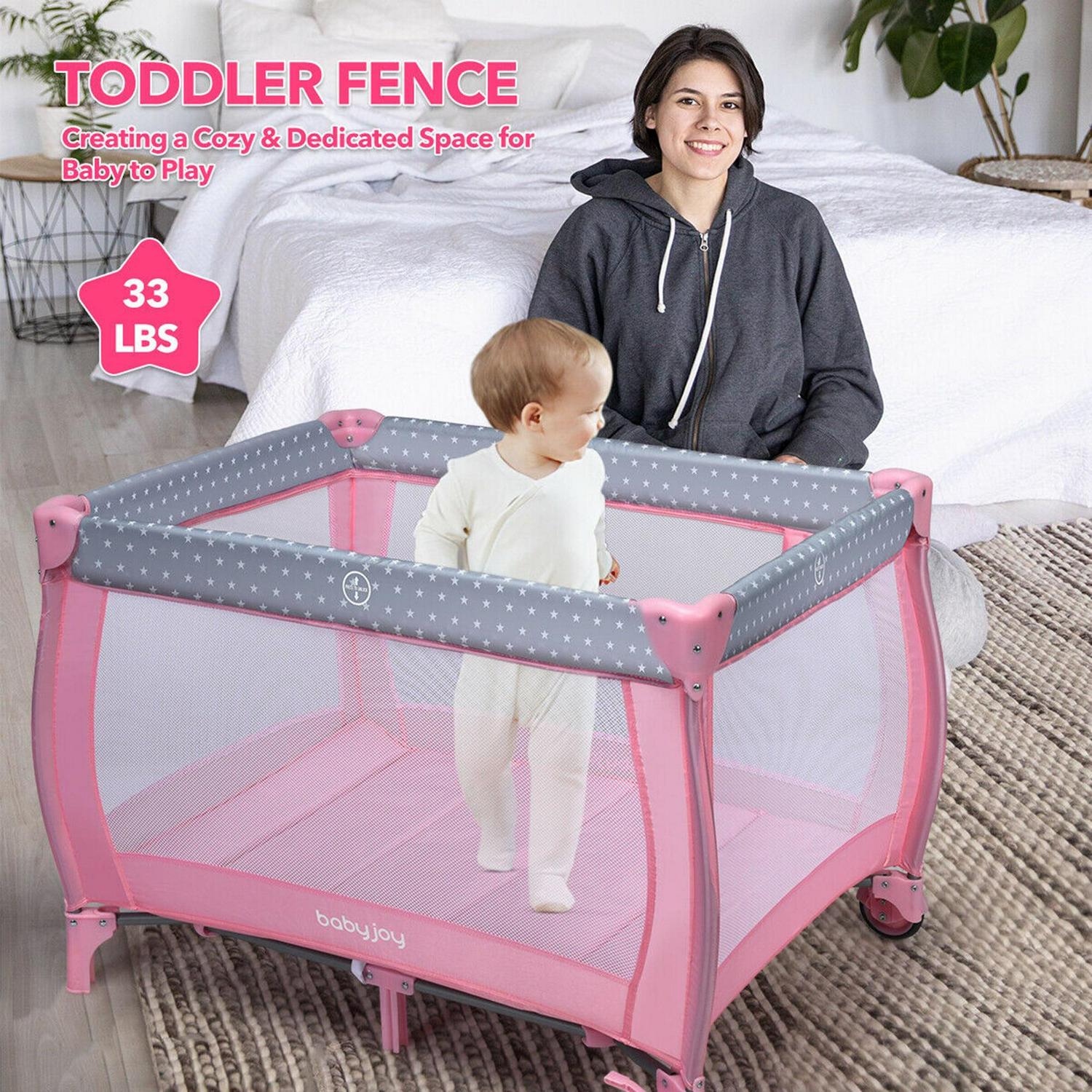 Gymax Portable Foldable Playpen Baby Playard Nursery Center with Changing Station, Pink, Unisex - Image 4