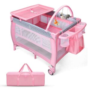 Gymax Portable Foldable Playpen Baby Playard Nursery Center with Changing Station, Pink, Unisex