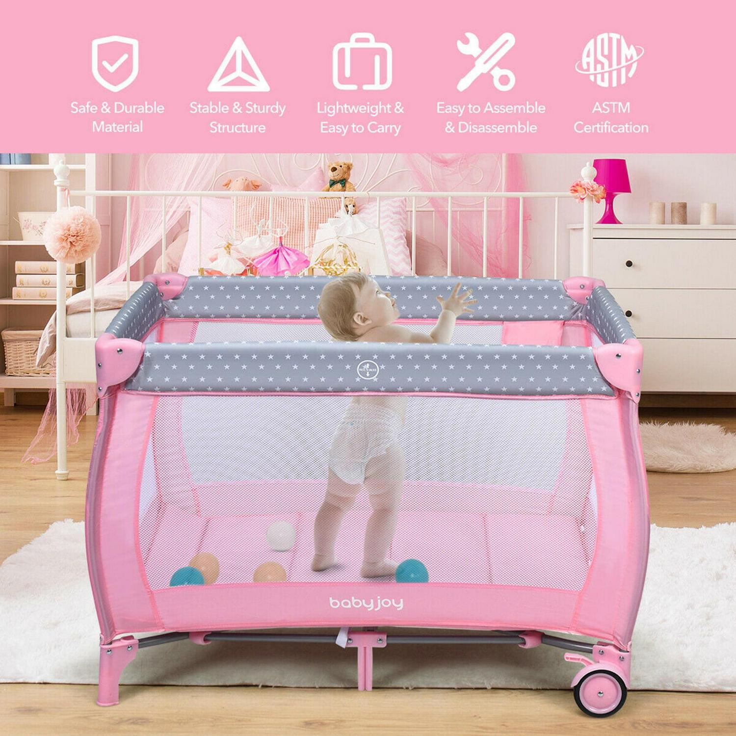 Gymax Portable Foldable Playpen Baby Playard Nursery Center with Changing Station, Pink, Unisex - Image 5
