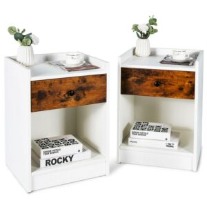 Gymax Set of 2 Nightstand with Drawer Cabinet End Side Table Raised Top White