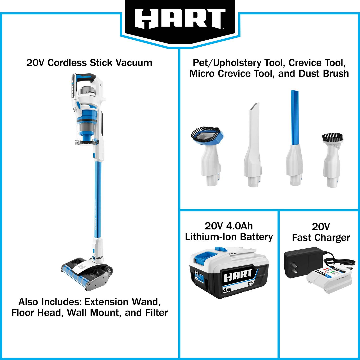 HART 20-Volt Dual Brushroll Stick Vacuum Kit, (1) 4.0 Ah Lithium-Ion Battery - Image 15