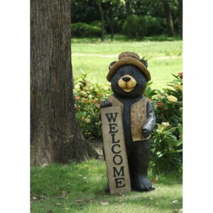 Hi-Line Gift 30” Bear with Welcome Sign Garden Statue, Durable Polyresin