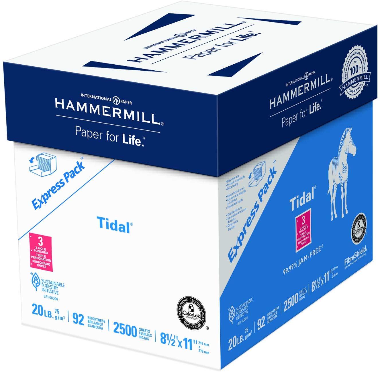 Hammermill Paper, Tidal Printer Paper, 8.5 x 11 Paper, 3 Hole, 20lb, 92 Bright - 1 Express Pack / 2,500 Sheets (163130C)