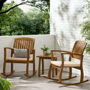 Noble House Acacia Rocking Chairs with Accent Table, Cream (Set of 2)
