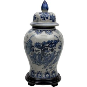 Red Lantern 18" Ladies Blue & White Porcelain Temple Jar