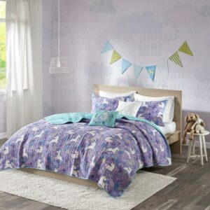 Home Essence Kids Purple Unicorn Reversible 4 Piece Coverlet Set, Twin TwinXL
