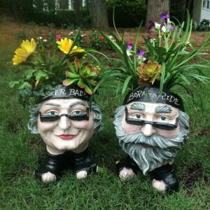 Homestyles 12"H Muggly Biker "Dude" and Biker "Babe" Painted Face Humorous Planters 2-Piece Statue Assortment (Holds 4" Pot)
