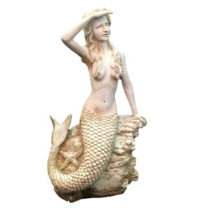 Homestyles 22 in. Antique White Classic Mermaid Sitting on Coastal Rock Looking Out to Sea Beach Nautical Extra Large Statue