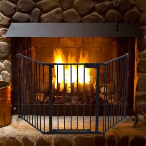 Hommoo Metal Fireplace 5-Panel Baby Safety Gate with Door, Black