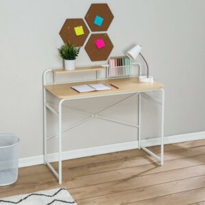 Honey-Can-Do 2-Tier Wood and Steel Home Office Desk with Metal Basket, White/Natural