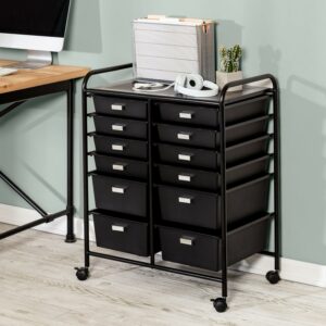 Honey Can Do Metal Rolling Storage Cart with 12 Plastic Drawers, Black