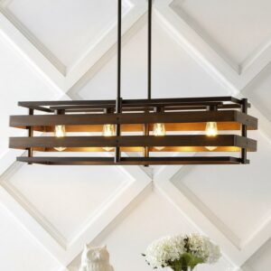 Horizon 34" 4-Light Rustic Farmhouse Iron Linear LED Pendant, Wood Finished/Oil Rubbed Bronze