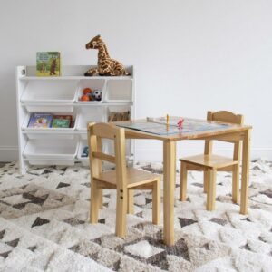 Humble Crew Hayden Child Real Wood Table and 2 Chairs Set, Natural Honey Wood Grain