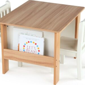 Humble Crew Journey Toddler Wood Table and 2 Chairs Set with Book Storage, Natural/White