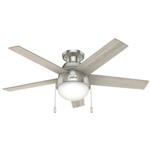 Hunter - Anslee Indoor Low Profile Ceiling Fan With Light, 46-inch, Brushed Nickel, Modern-style, 3-speed WhisperWind Motor, 50278, for Living Rooms, Bedrooms