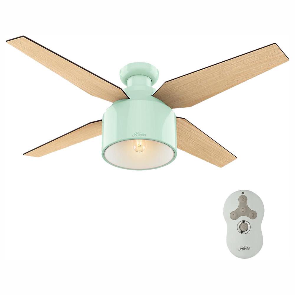 Hunter - Cranbrook Indoor Low Profile Ceiling Fan With Light, Remote, 52-inch, Mint, Modern-style, 3-speed WhisperWind Motor, 59260, for Living Rooms, Bedrooms