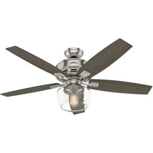 Hunter - Bennett Indoor Ceiling Fan With Light, Remote, 52-inch, Brushed Nickel, Rustic-style, 3-speed WhisperWind Motor, 54188, for Living Rooms, Bedrooms