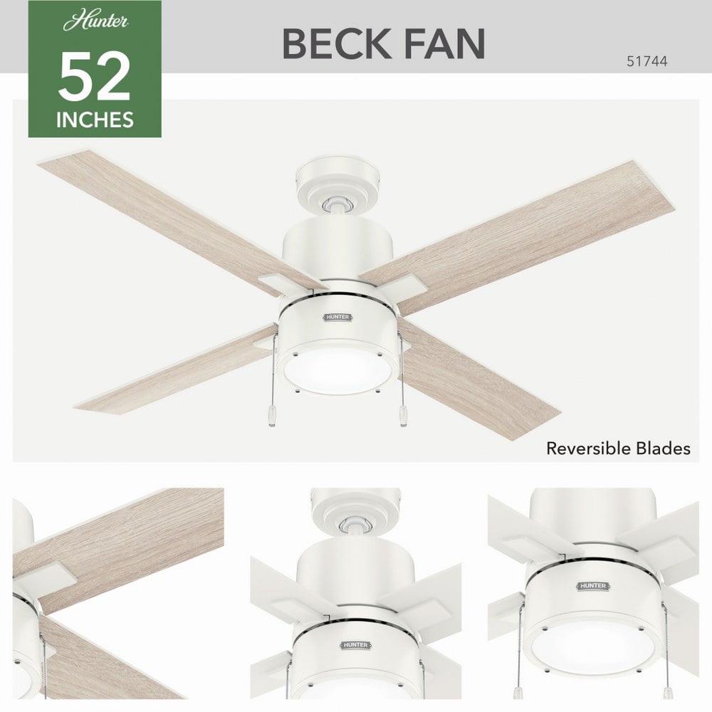 Hunter - Beck Indoor Ceiling Fan With Light, 52-inch, Fresh White, Modern-style, 3-speed WhisperWind Motor, 51744, for Living Rooms, Bedrooms - Image 9