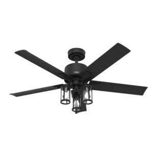 Hunter - Lawndale Indoor/Outdoor Ceiling Fan With Light, 52-inch, Matte Black, Casual-style, 3-speed WhisperWind Motor, 51689, for Porches, Bathrooms