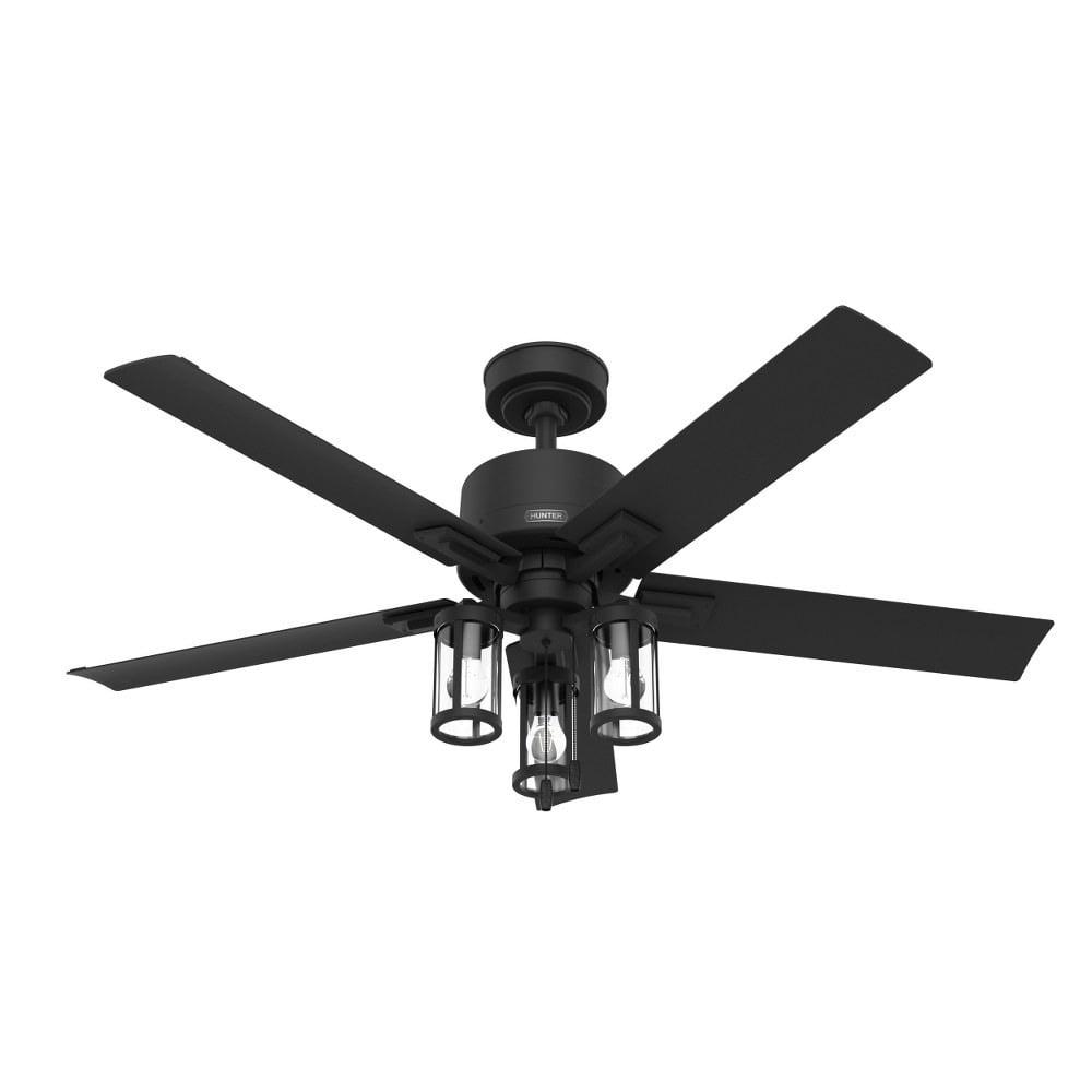 Hunter - Lawndale Indoor/Outdoor Ceiling Fan With Light, 52-inch, Matte Black, Casual-style, 3-speed WhisperWind Motor, 51689, for Porches, Bathrooms