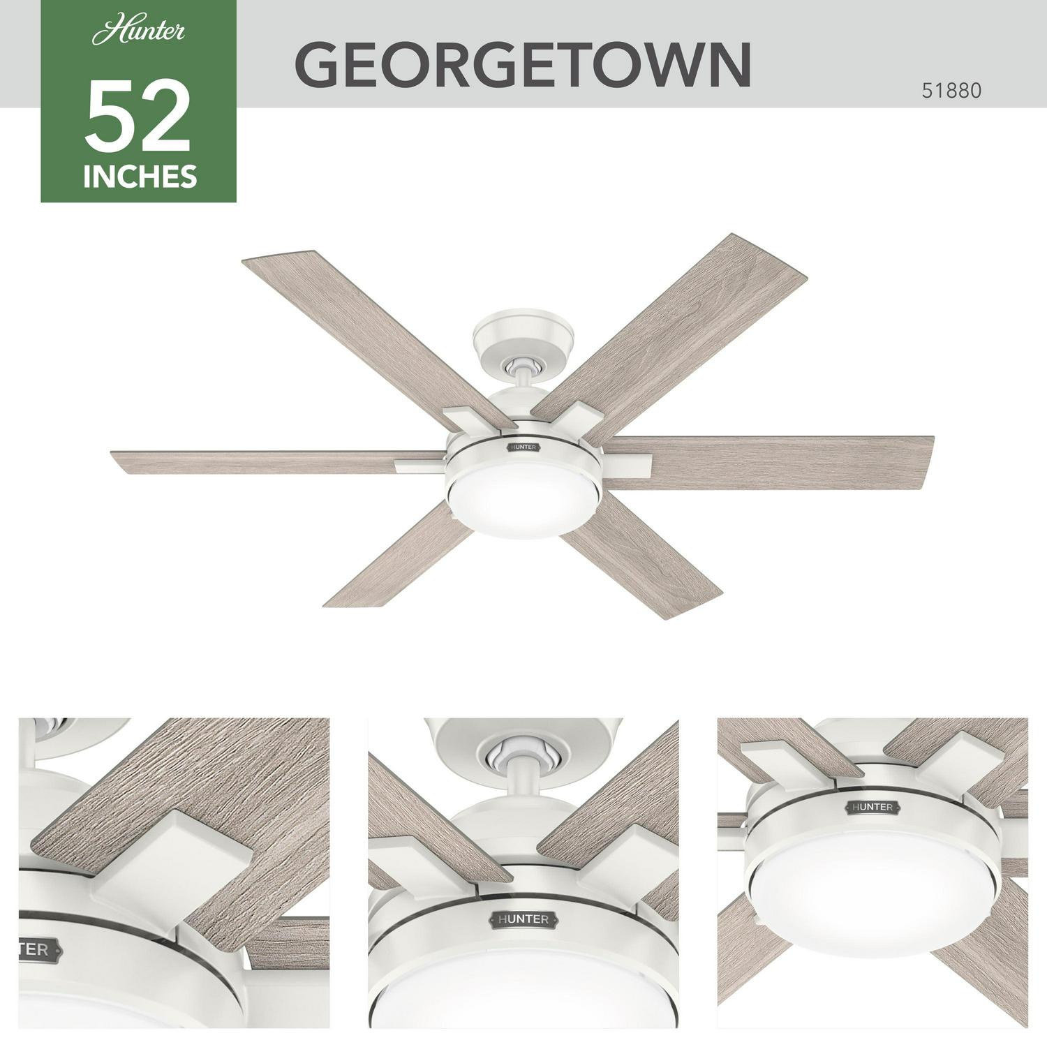 Hunter - Georgetown Indoor Ceiling Fan With Light, Remote, 52-inch, Fresh White, Casual-style, 4-speed WhisperWind Motor, Quick Installation, 51880, for living rooms, bedrooms, home offices, kitchens - Image 3