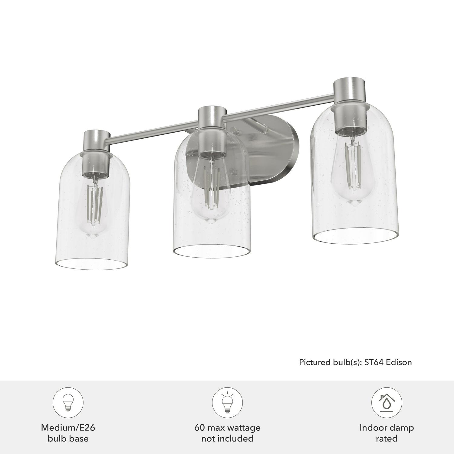 Hunter - Lochemeade 3-light Brushed Nickel, Medium Size Vanity Light, Dimmable, Transitional Style, for Bedrooms, Kitchens, Dining, Living Rooms - 19708 - Image 5