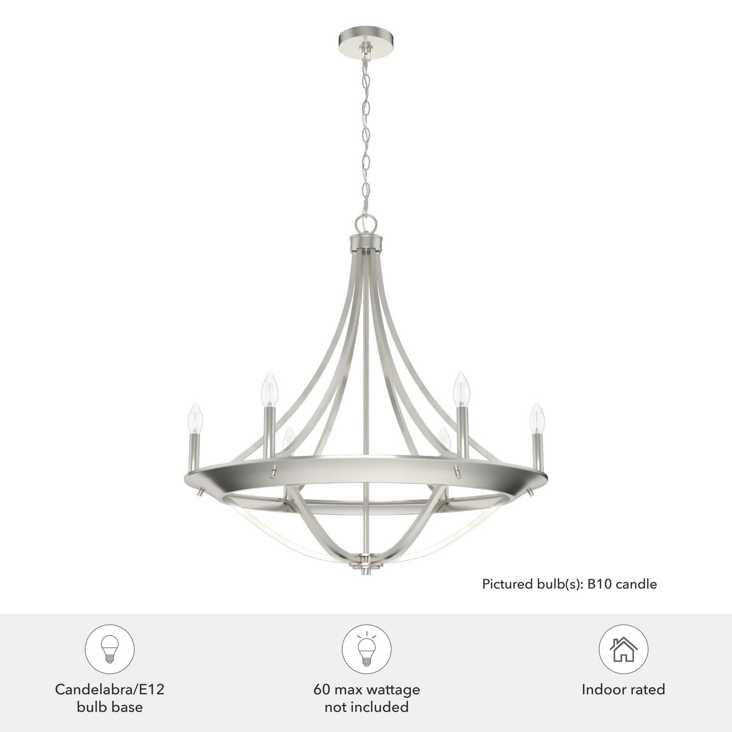 Hunter - Perch Point 6-light Brushed Nickel, Large Chandelier, Dimmable, Casual Style, Empire Shaped, for Bedrooms, Dining, Living Rooms - 19415 - Image 4