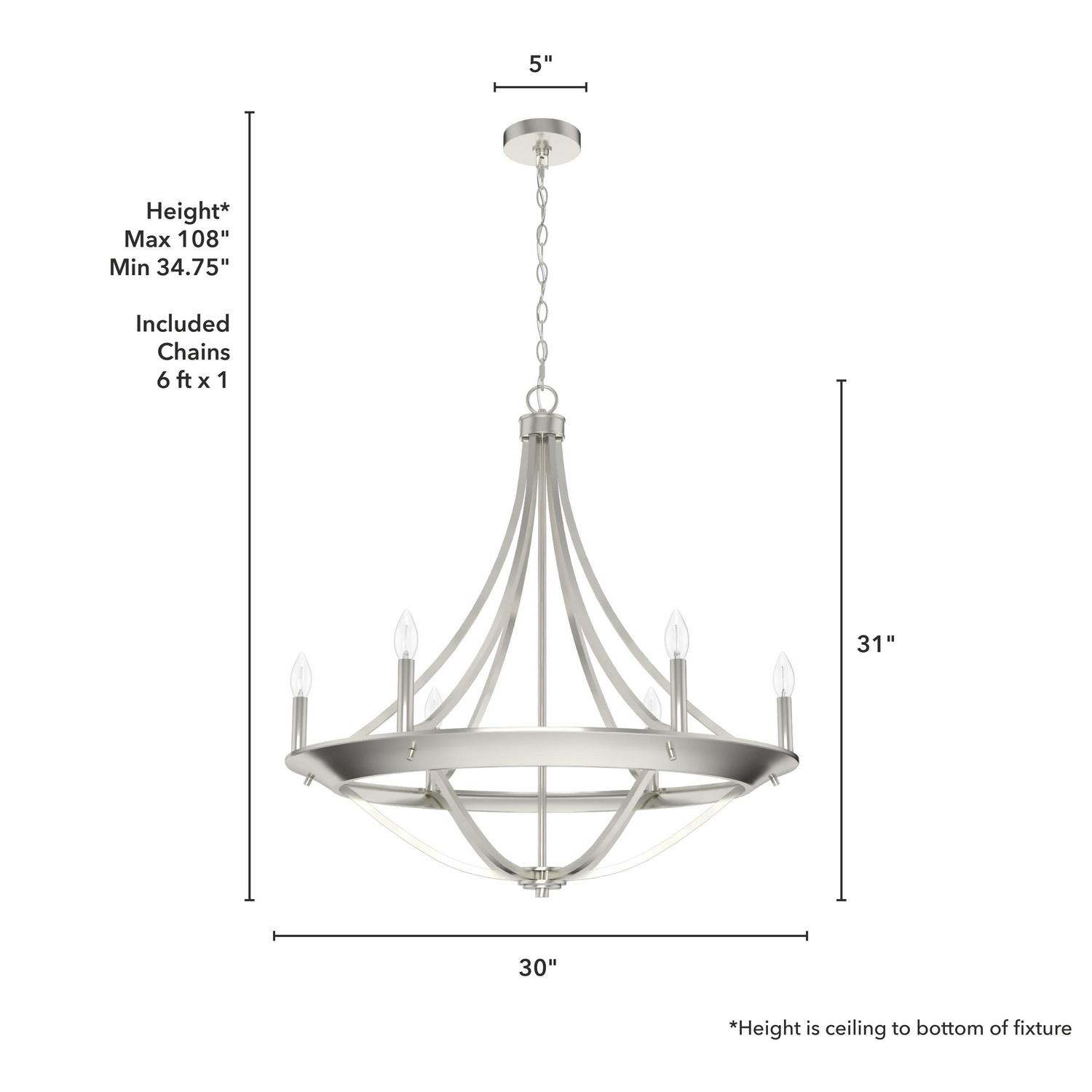 Hunter - Perch Point 6-light Brushed Nickel, Large Chandelier, Dimmable, Casual Style, Empire Shaped, for Bedrooms, Dining, Living Rooms - 19415 - Image 3