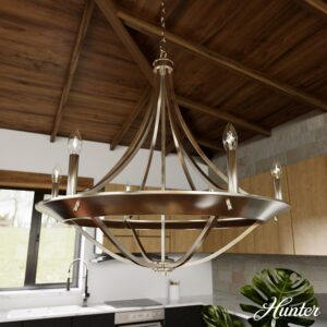 Hunter - Perch Point 6-light Brushed Nickel, Large Chandelier, Dimmable, Casual Style, Empire Shaped, for Bedrooms, Dining, Living Rooms - 19415